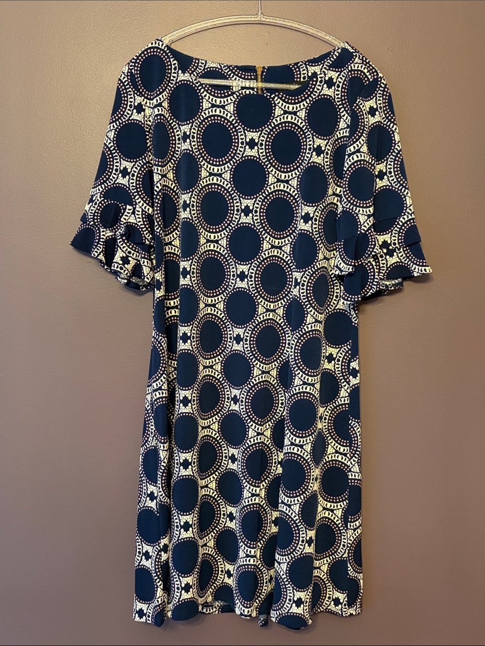 Ronni Nicole Navy and White Circle Print A Line Shift Dress Size 16